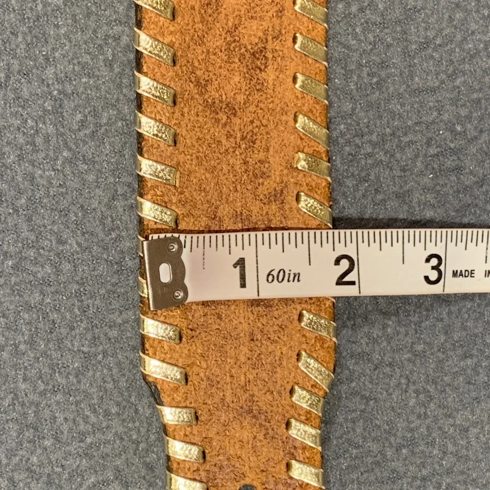 Vintage Brown Leather Floral Embossed Belt Tooled Gold Trim Name Size 34 M Women